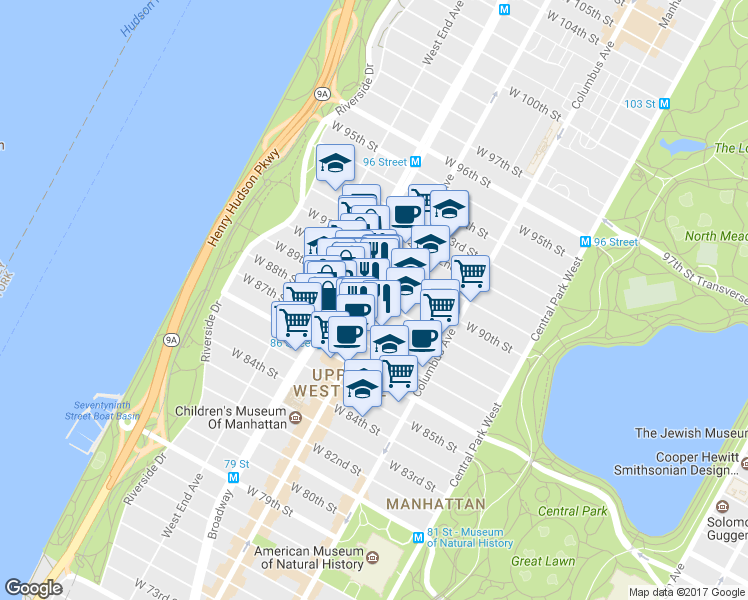 map of restaurants, bars, coffee shops, grocery stores, and more near 614 A Amsterdam Avenue in New York