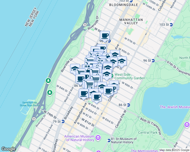 map of restaurants, bars, coffee shops, grocery stores, and more near 614 A Amsterdam Avenue in New York