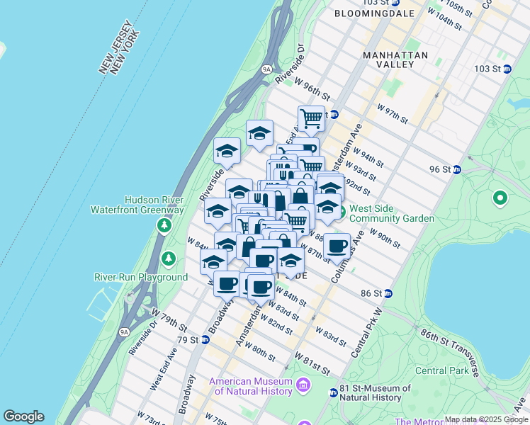 map of restaurants, bars, coffee shops, grocery stores, and more near 269 West 87th Street in New York