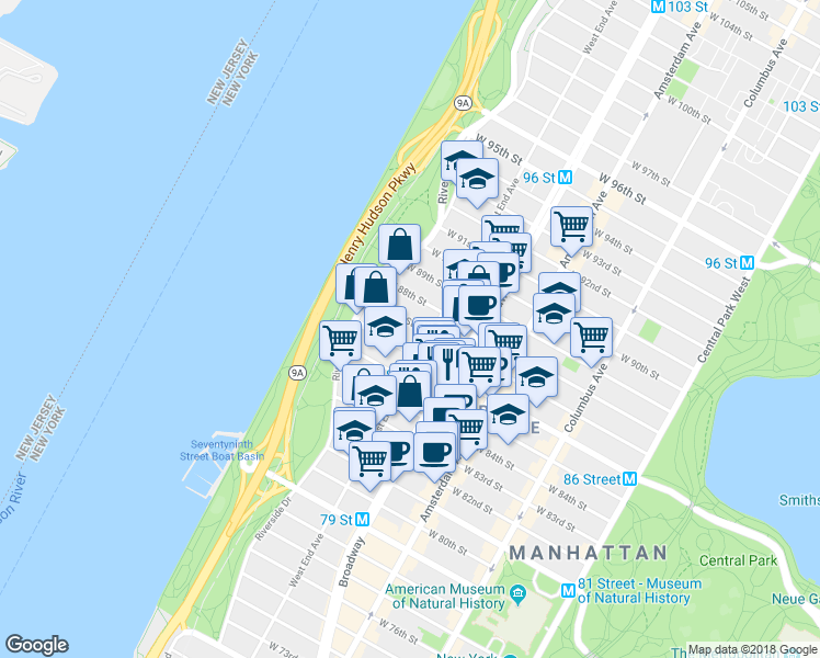 map of restaurants, bars, coffee shops, grocery stores, and more near 313 West 86th Street in New York