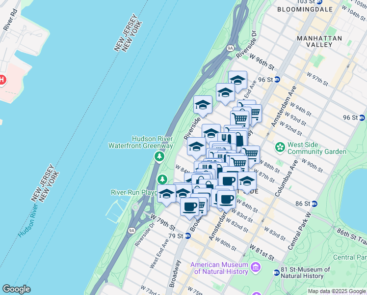 map of restaurants, bars, coffee shops, grocery stores, and more near 340 West 86th Street in New York