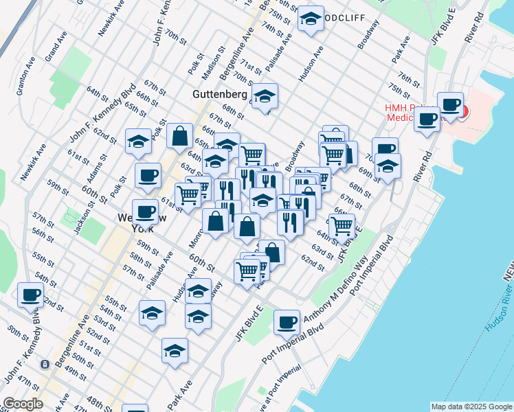 map of restaurants, bars, coffee shops, grocery stores, and more near 6304 Broadway in West New York