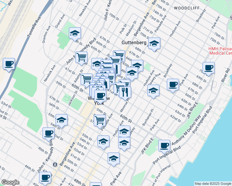 map of restaurants, bars, coffee shops, grocery stores, and more near 429 61st Street in West New York