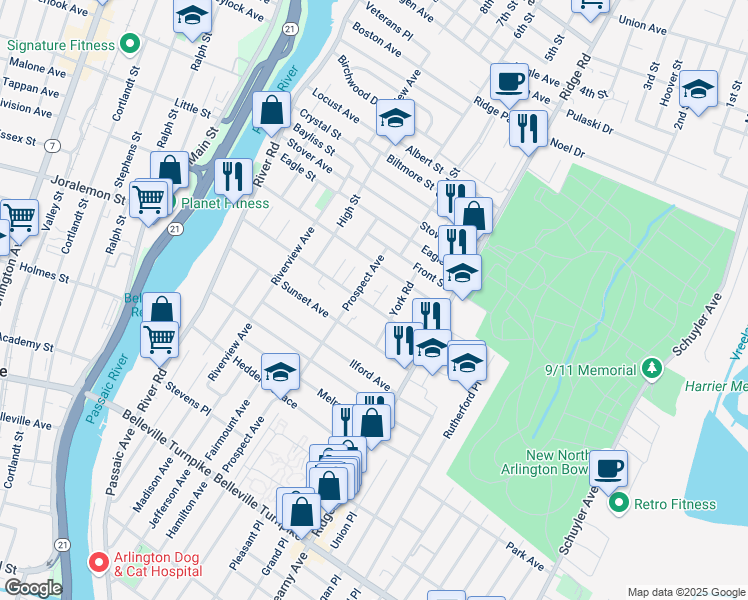 map of restaurants, bars, coffee shops, grocery stores, and more near 59 Belmount Avenue in North Arlington