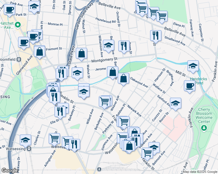 map of restaurants, bars, coffee shops, grocery stores, and more near 125 Newark Avenue in Bloomfield