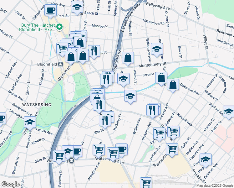 map of restaurants, bars, coffee shops, grocery stores, and more near 216 Newark Avenue in Bloomfield