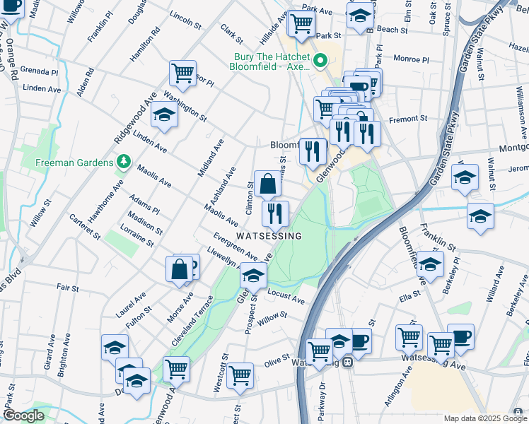 map of restaurants, bars, coffee shops, grocery stores, and more near 26 Thomas Street in Bloomfield
