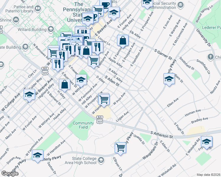 map of restaurants, bars, coffee shops, grocery stores, and more near 138 Walnut Street in State College