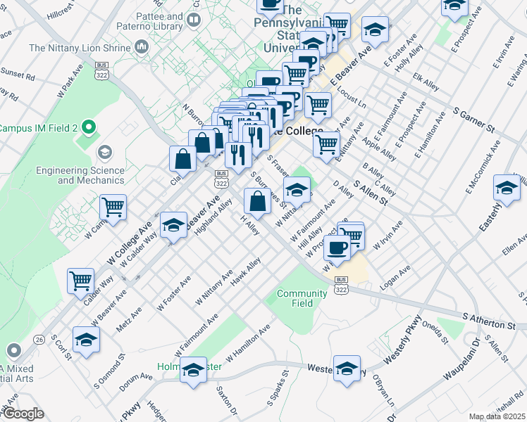 map of restaurants, bars, coffee shops, grocery stores, and more near 301 South Atherton Street in State College