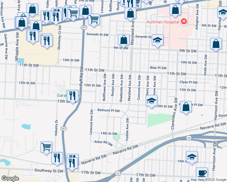 map of restaurants, bars, coffee shops, grocery stores, and more near 1218 Roslyn Avenue Southwest in Canton
