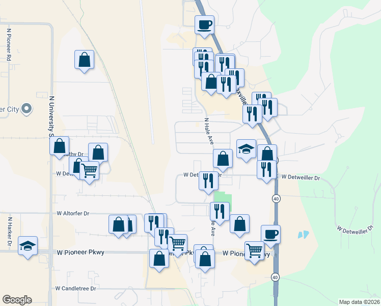 map of restaurants, bars, coffee shops, grocery stores, and more near 1000-1220 West Aberdeen Road in Peoria