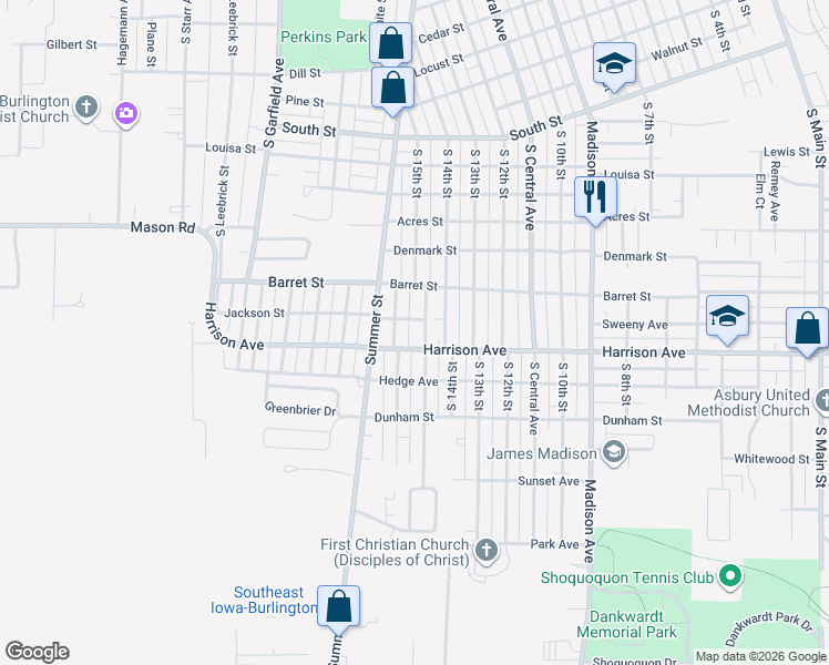map of restaurants, bars, coffee shops, grocery stores, and more near 1823 South 15th Street in Burlington