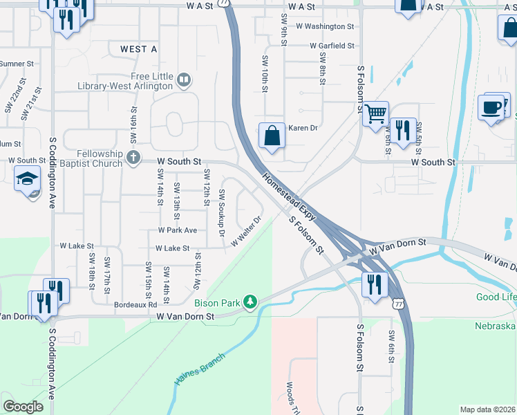 map of restaurants, bars, coffee shops, grocery stores, and more near 914 West Welter Drive in Lincoln