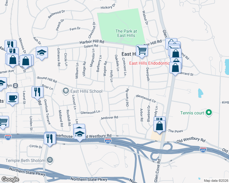map of restaurants, bars, coffee shops, grocery stores, and more near 21 Spring Hill Road in Roslyn Heights
