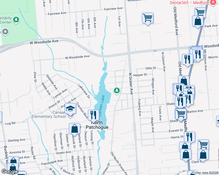 map of restaurants, bars, coffee shops, grocery stores, and more near 117 Newman Street in Patchogue