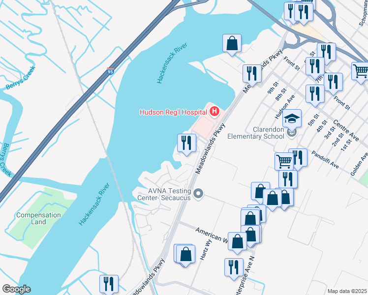 map of restaurants, bars, coffee shops, grocery stores, and more near 82 Harbor Ky in Secaucus