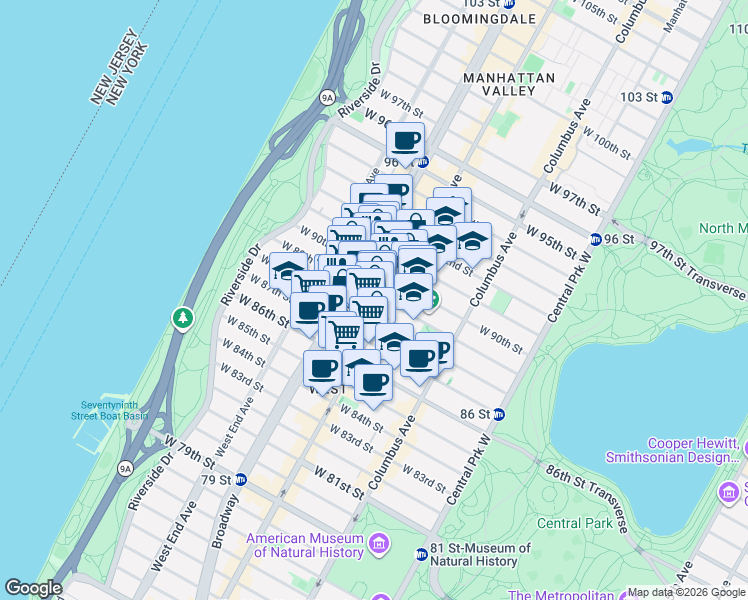 map of restaurants, bars, coffee shops, grocery stores, and more near 614 A Amsterdam Avenue in New York
