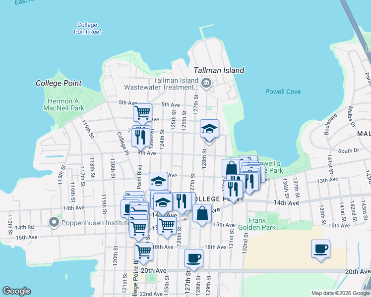 map of restaurants, bars, coffee shops, grocery stores, and more near 7-33 126th Street in Queens