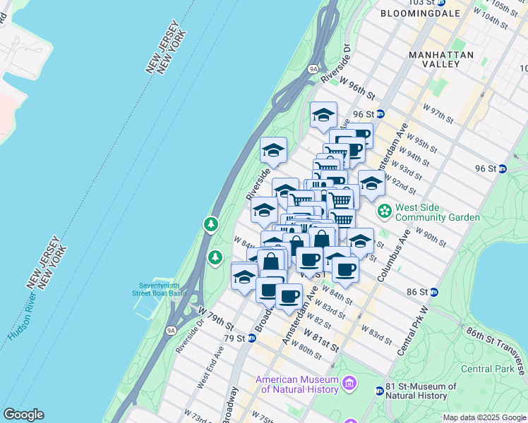 map of restaurants, bars, coffee shops, grocery stores, and more near 333 West 86th Street in New York