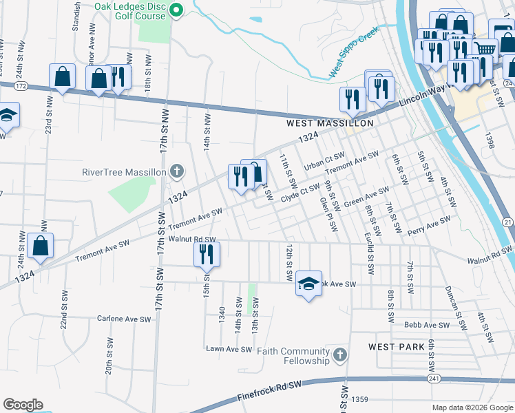 map of restaurants, bars, coffee shops, grocery stores, and more near 1228 Borden Avenue Southwest in Massillon