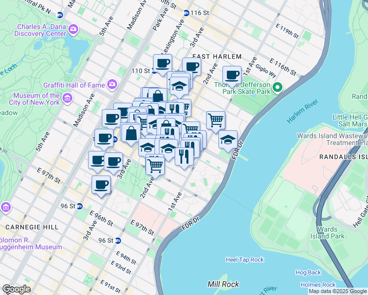 map of restaurants, bars, coffee shops, grocery stores, and more near 319 East 105th Street in New York