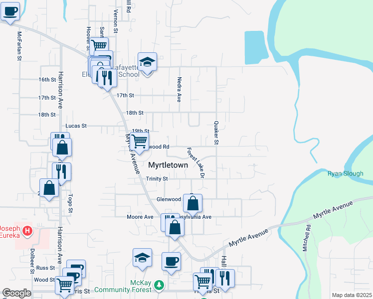 map of restaurants, bars, coffee shops, grocery stores, and more near 1972 Forest Lake Drive in Eureka