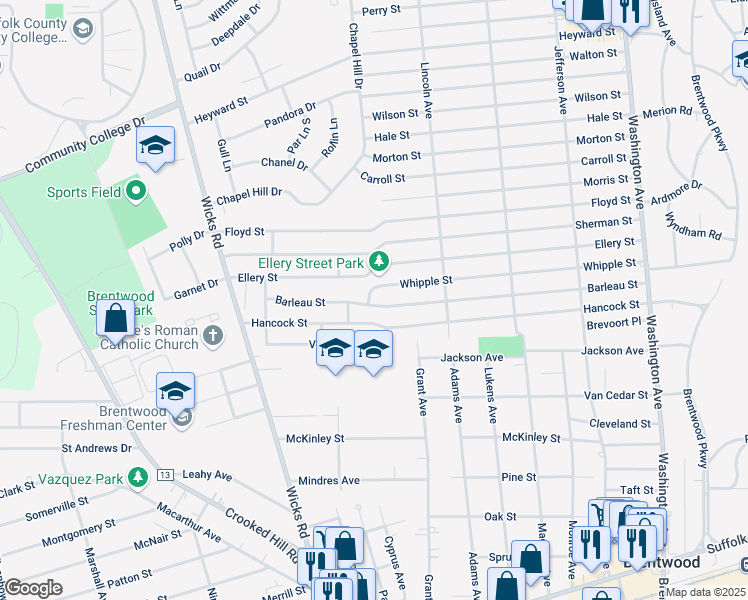 map of restaurants, bars, coffee shops, grocery stores, and more near 305 Barleau Street in Brentwood