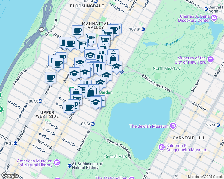 map of restaurants, bars, coffee shops, grocery stores, and more near Central Park West & W 93rd St in New York