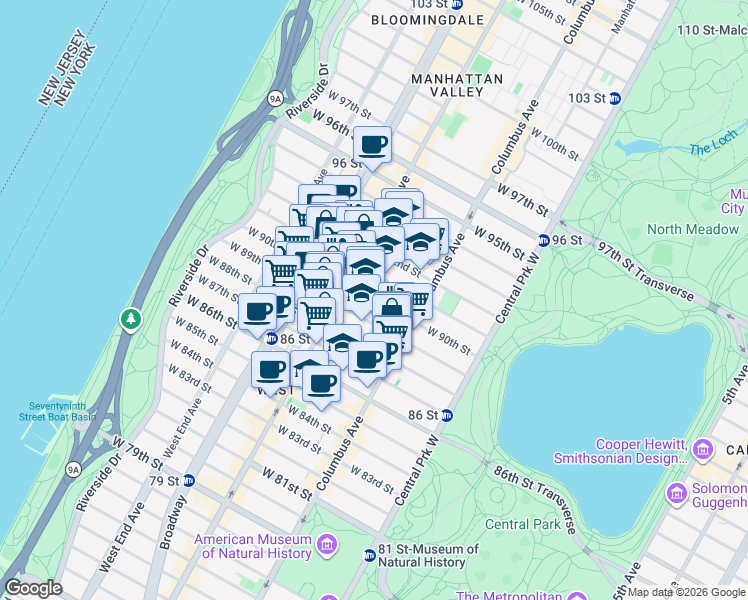 map of restaurants, bars, coffee shops, grocery stores, and more near West 90th Street in New York