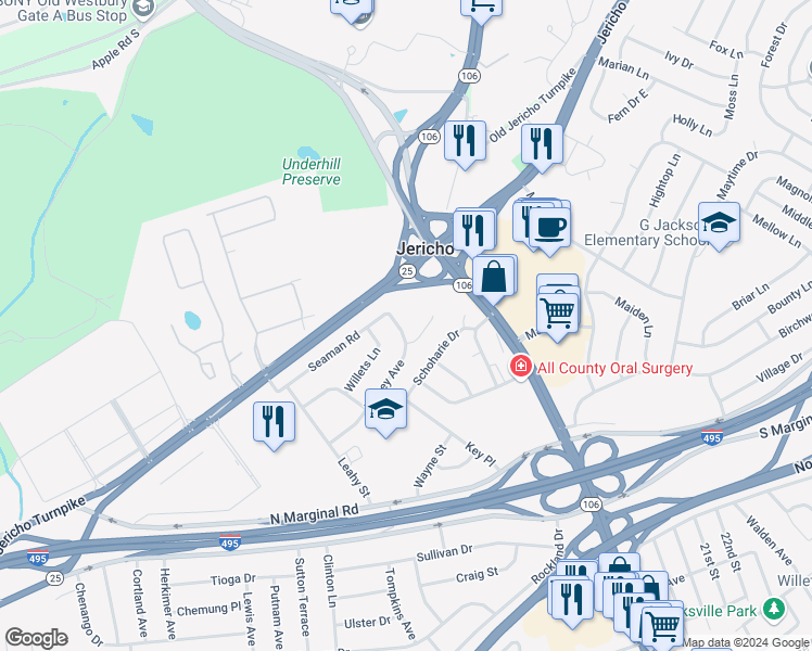 map of restaurants, bars, coffee shops, grocery stores, and more near 240 Halsey Avenue in Jericho