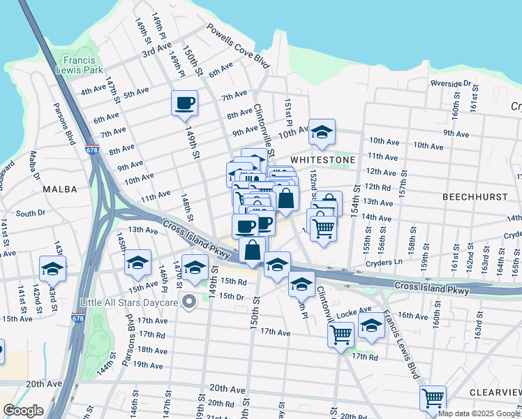 map of restaurants, bars, coffee shops, grocery stores, and more near 12-47 150th Street in Queens