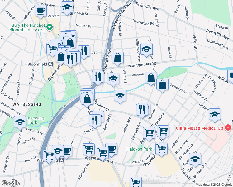 map of restaurants, bars, coffee shops, grocery stores, and more near 216 Newark Avenue in Bloomfield