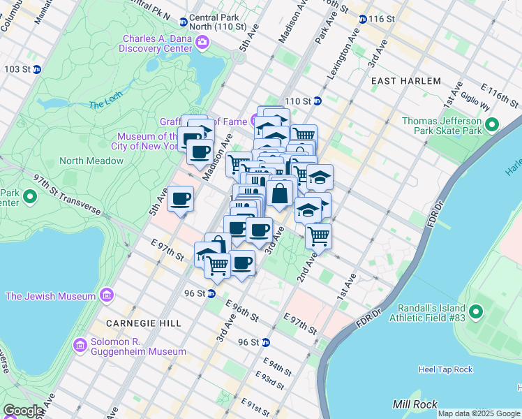 map of restaurants, bars, coffee shops, grocery stores, and more near in New York
