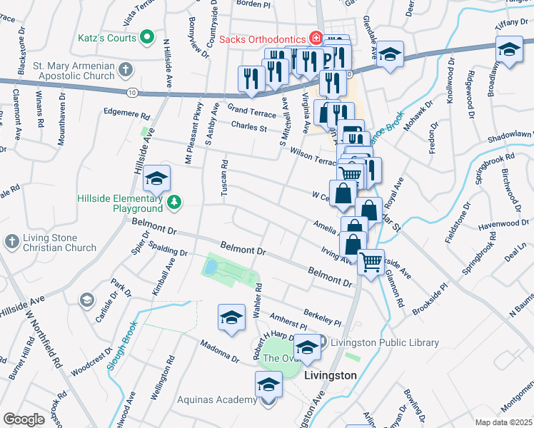 map of restaurants, bars, coffee shops, grocery stores, and more near 76 Irving Avenue in Livingston