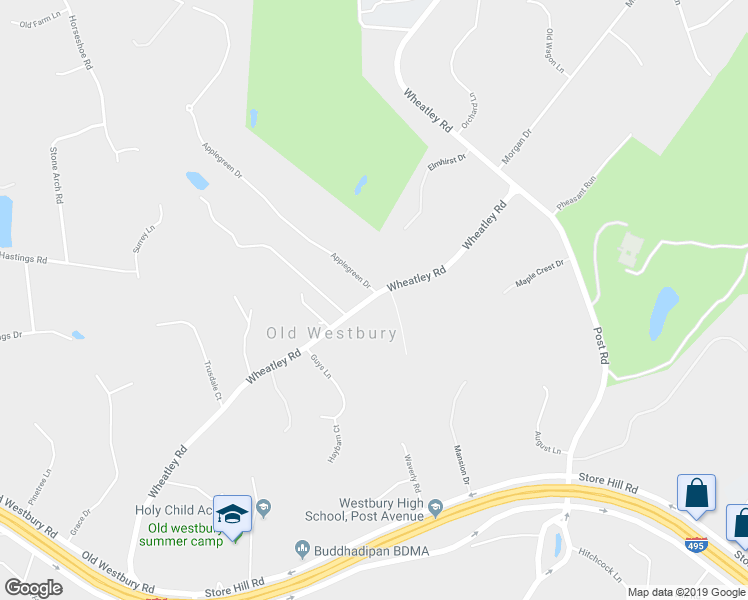 map of restaurants, bars, coffee shops, grocery stores, and more near 97 Wheatley Road in Old Westbury