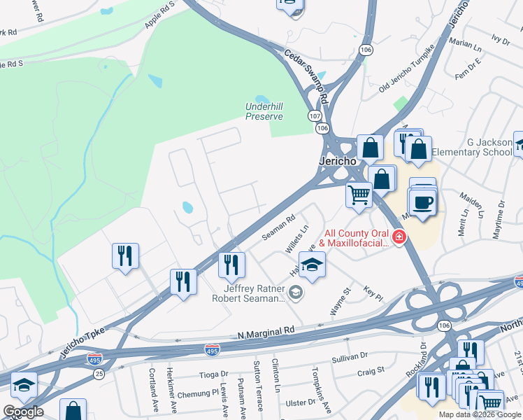 map of restaurants, bars, coffee shops, grocery stores, and more near 17 Holiday Pond Road in Jericho