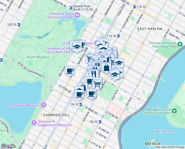 map of restaurants, bars, coffee shops, grocery stores, and more near 120 East 102nd Street in New York