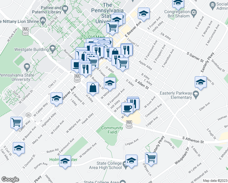 map of restaurants, bars, coffee shops, grocery stores, and more near 215 Robin Alley in State College