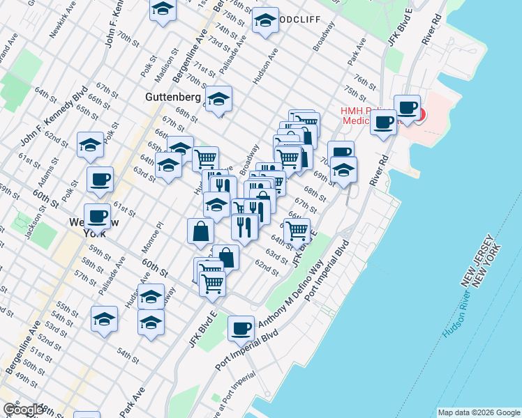 map of restaurants, bars, coffee shops, grocery stores, and more near 6509 Park Avenue in West New York
