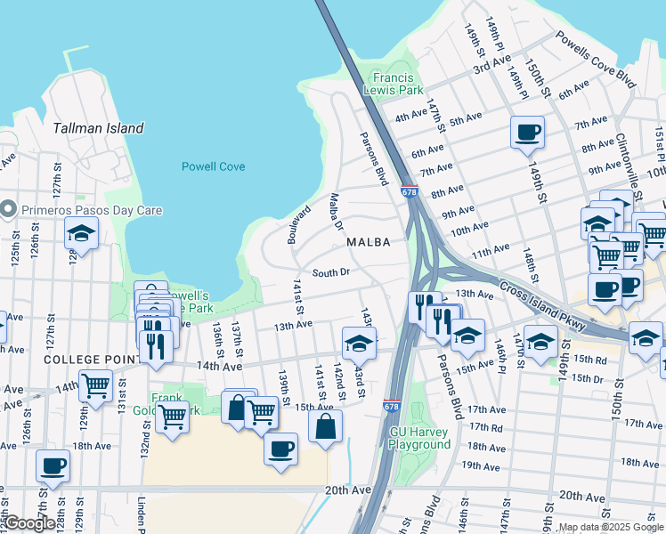 map of restaurants, bars, coffee shops, grocery stores, and more near 141-43 South Drive in Queens