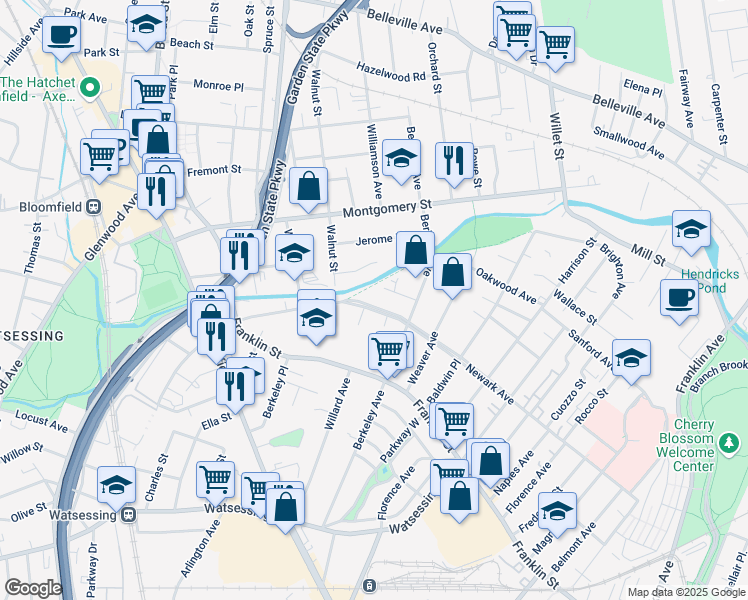 map of restaurants, bars, coffee shops, grocery stores, and more near 156 Newark Avenue in Bloomfield