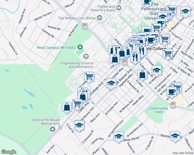 map of restaurants, bars, coffee shops, grocery stores, and more near 127 North Sparks Street in State College
