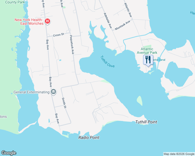 map of restaurants, bars, coffee shops, grocery stores, and more near 31 Tuthill Point Road in East Moriches