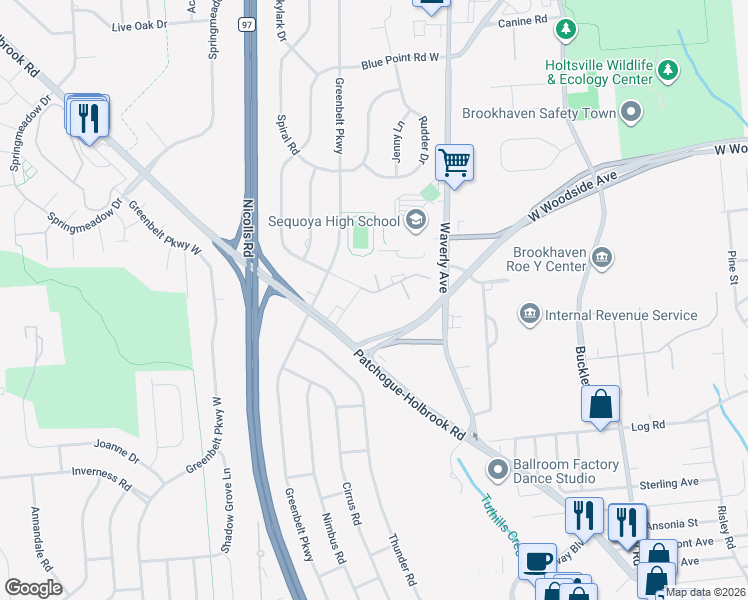 map of restaurants, bars, coffee shops, grocery stores, and more near 46 Blue Point Road East in Holtsville