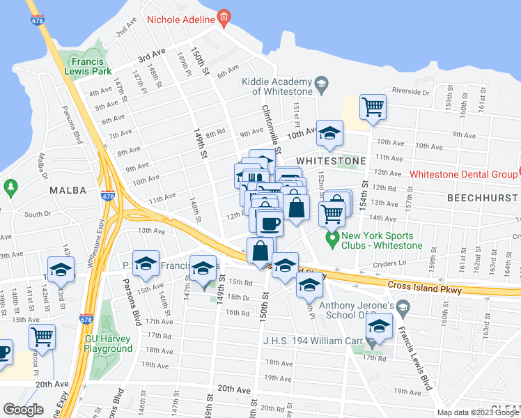 map of restaurants, bars, coffee shops, grocery stores, and more near 12-47 150th Street in Queens