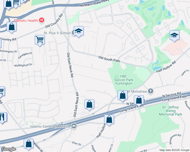 map of restaurants, bars, coffee shops, grocery stores, and more near 20 Grossman Street in Melville