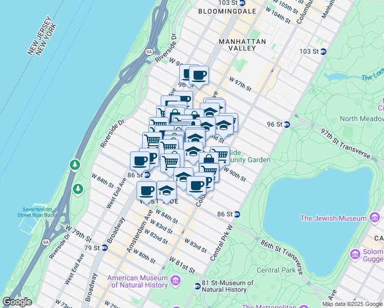 map of restaurants, bars, coffee shops, grocery stores, and more near 148 West 90th Street in New York