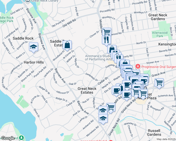 map of restaurants, bars, coffee shops, grocery stores, and more near 6 Tulip Drive in Great Neck