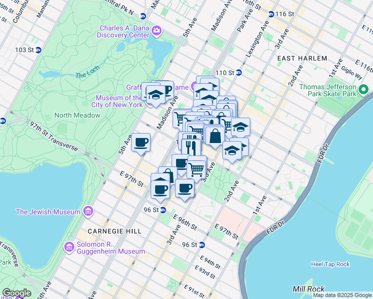 map of restaurants, bars, coffee shops, grocery stores, and more near 118 East 102nd Street in New York