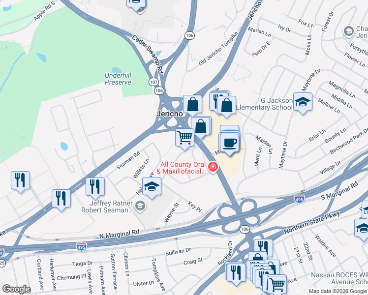 map of restaurants, bars, coffee shops, grocery stores, and more near 122 Schoharie Drive in Jericho